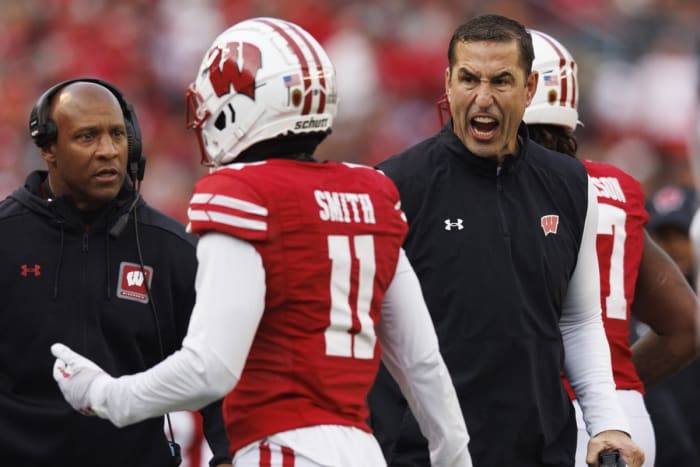 Nov 11, 2023; Madison, Wisconsin, USA; Wisconsin Badgers head coach Luke Fickell reacts following an Northwestern Wildcats touchdown during the second quarter at Camp Randall Stadium. Mandatory Credit: Jeff Hanisch-USA TODAY Sports